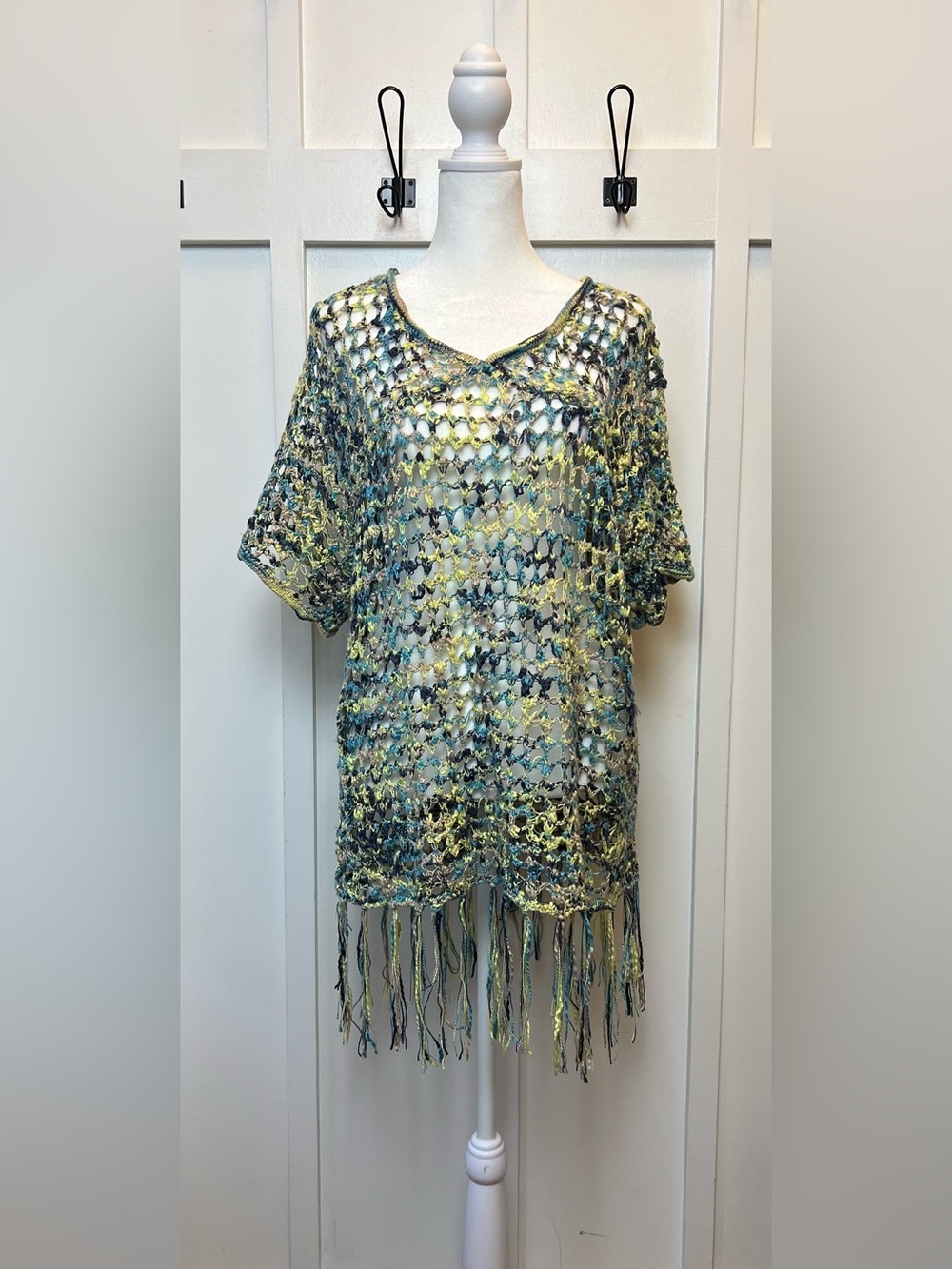 Ali Miles Size Small Blue Green Open Crochet Knit Tunic Top Artsy Lagenlook Boho